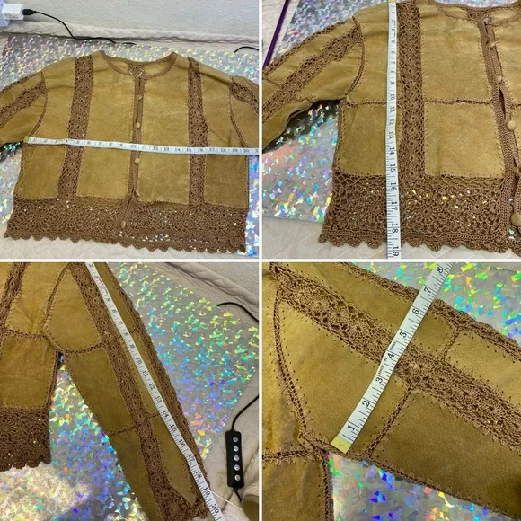 Unique OOAK Hippie Patchwork Leather Crochet Crop Jacket Top Blouse Handmade Sz? - Picture 12 of 16